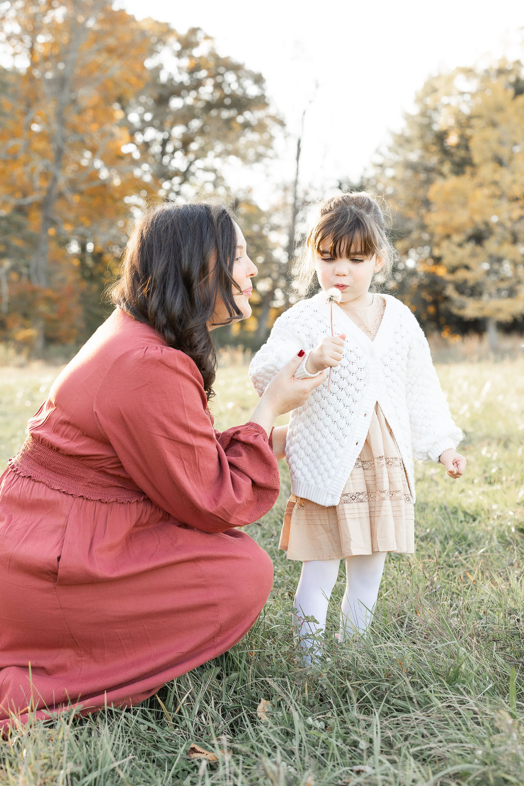A mother in a red dress helps her young daughter blow a dandelion in a grassy field Women's Health Care Group Teaneck