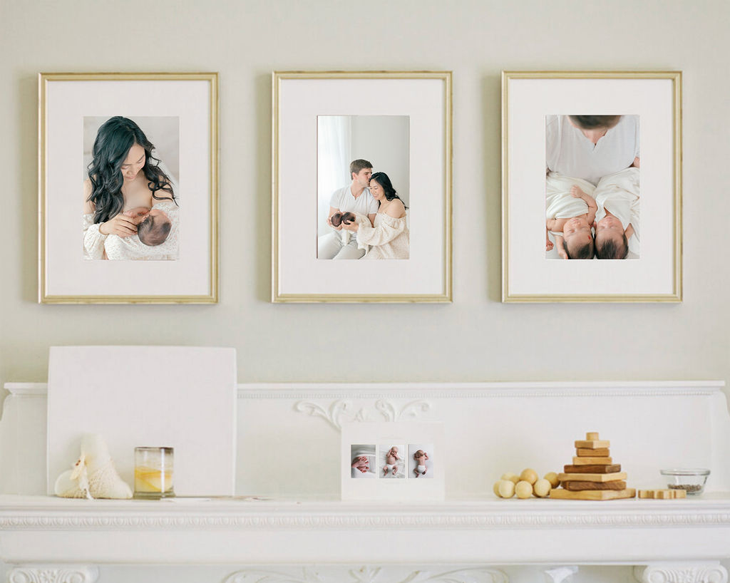 Display of family fine art photography prints on a wall